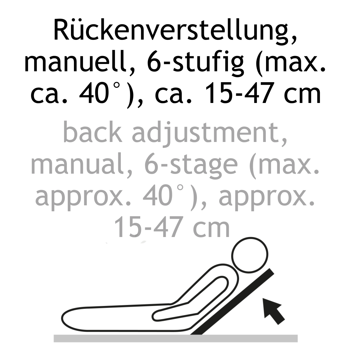 Textinformation zweisprachig: Manuelle 6-stufige Oberkoerper-Aufrichtung. manual 6-step upper part of the body adjustment.