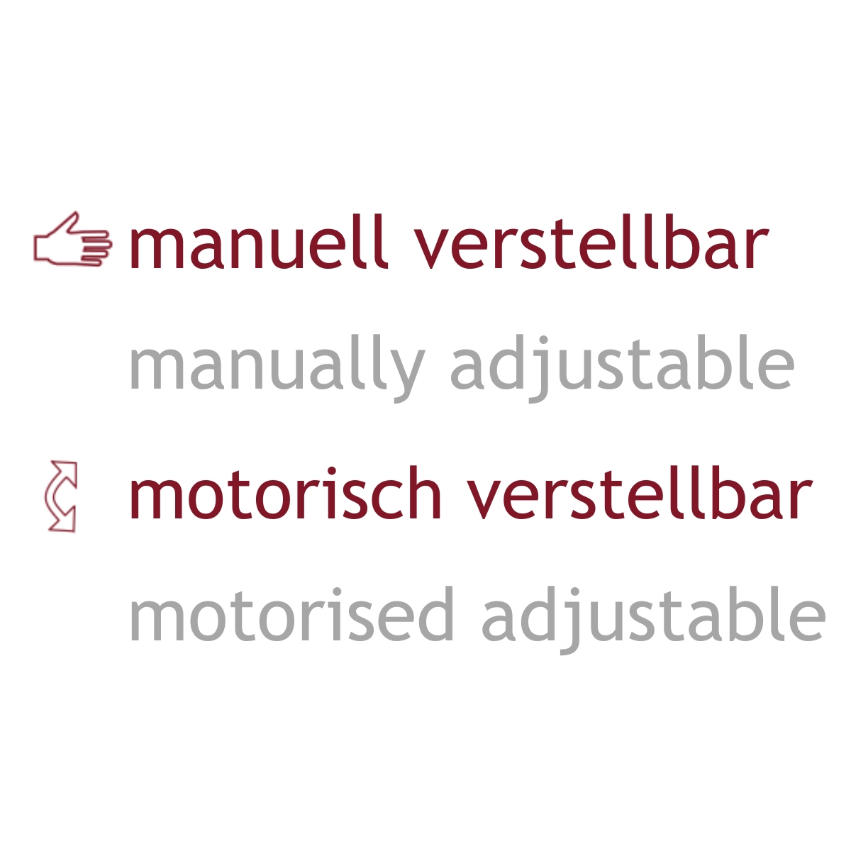 Textinformation zweisprachig: Motorisch und manuell verstellbar. Motorised and manually adjustable.