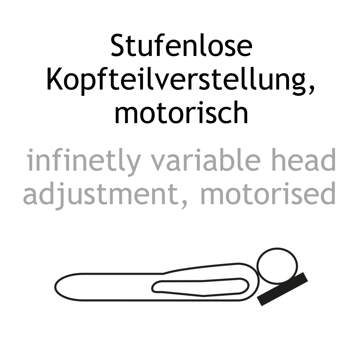 Textinformation zweisprachig: Stufenlose motorische Kopfteil-Verstellung. infinetly motorised head adjustment.