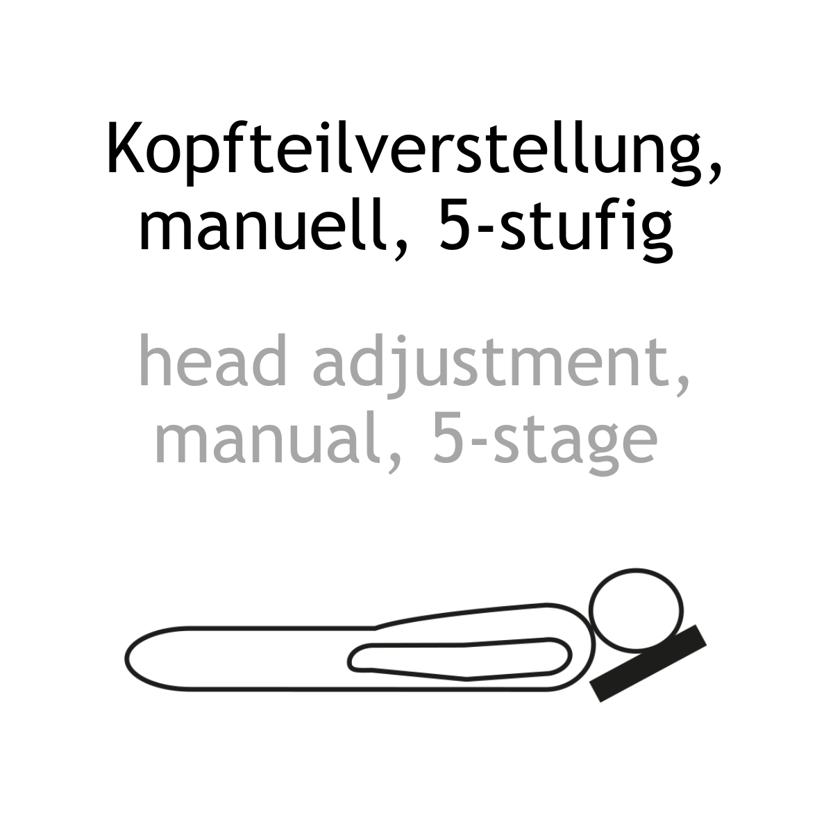 Textinformation zweisprachig: Manuelle 5-stufige Kopfteil-Verstellung. manual 5-stage head adjustment.